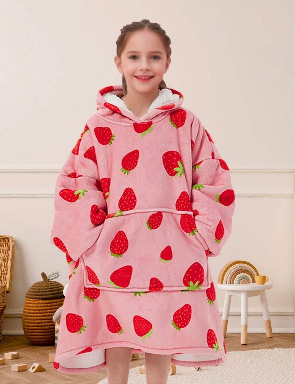 une petite fille qui porte un sweat plaid rose avec des motifs de fraises 